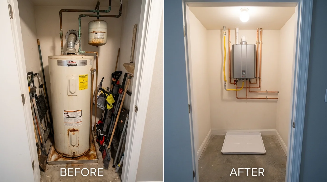 Tank water heater versus wall-mounted tankless unit comparison for Granby, MA homeowners
