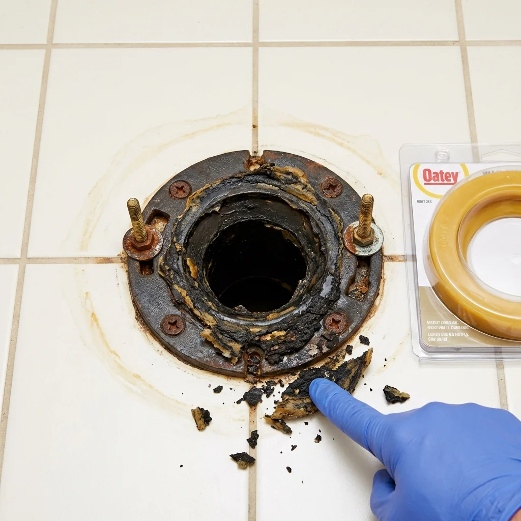 Failed wax ring showing water seepage at the base of a toilet in a Granby, MA home