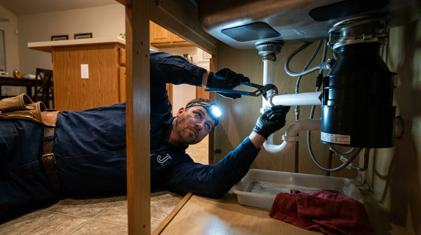 P-trap and supply line connections under a kitchen sink showing a common leak point in Granby, MA